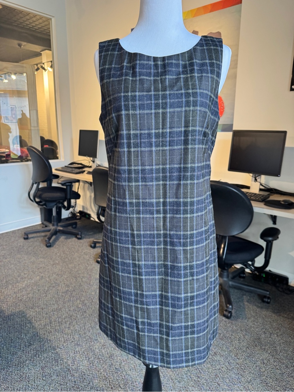Theory Plaid Sleeveless Shift Dress in Blue and Gray